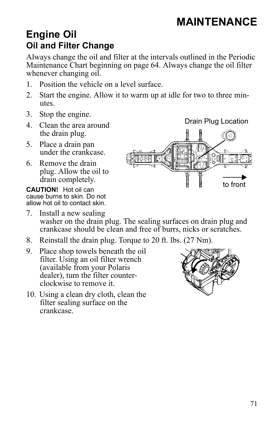 Maintenance, Engine oil | Polaris Sportsman 9922249 User Manual | Page 75 / 138