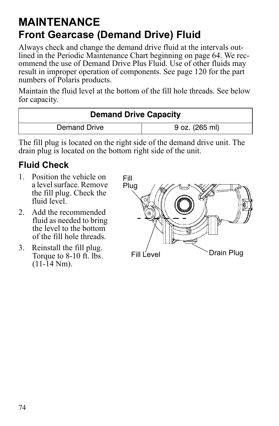 Maintenance, Front gearcase (demand drive) fluid | Polaris Sportsman 9922249 User Manual | Page 78 / 138