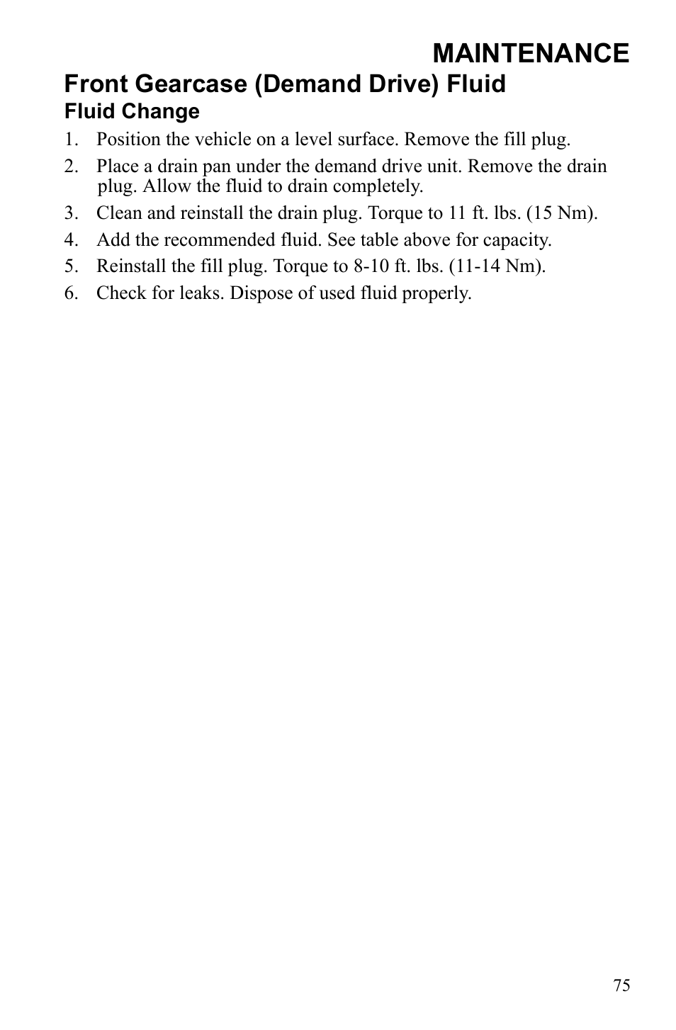 Maintenance, Front gearcase (demand drive) fluid | Polaris Sportsman 9922249 User Manual | Page 79 / 138