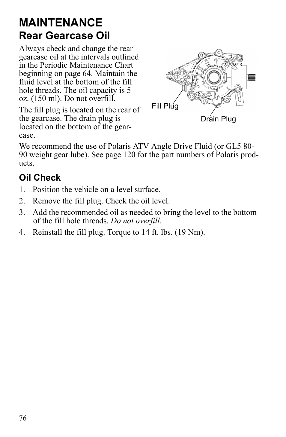 Maintenance, Rear gearcase oil | Polaris Sportsman 9922249 User Manual | Page 80 / 138