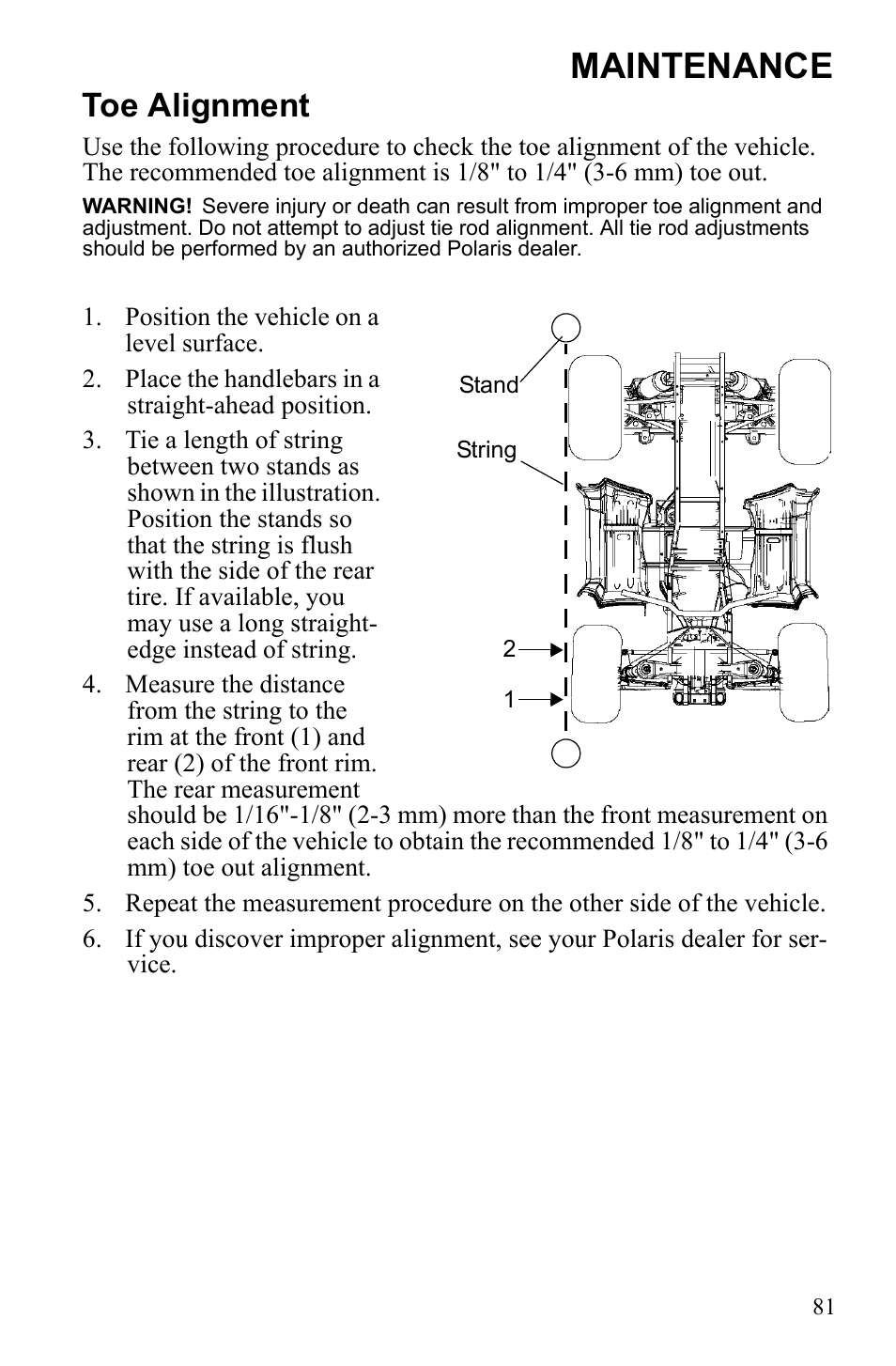 Maintenance, Toe alignment | Polaris Sportsman 9922249 User Manual | Page 85 / 138