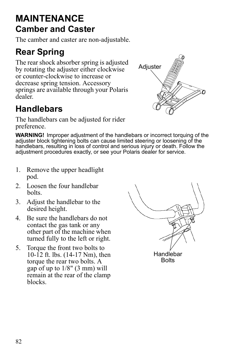 Maintenance, Camber and caster, Rear spring | Handlebars | Polaris Sportsman 9922249 User Manual | Page 86 / 138