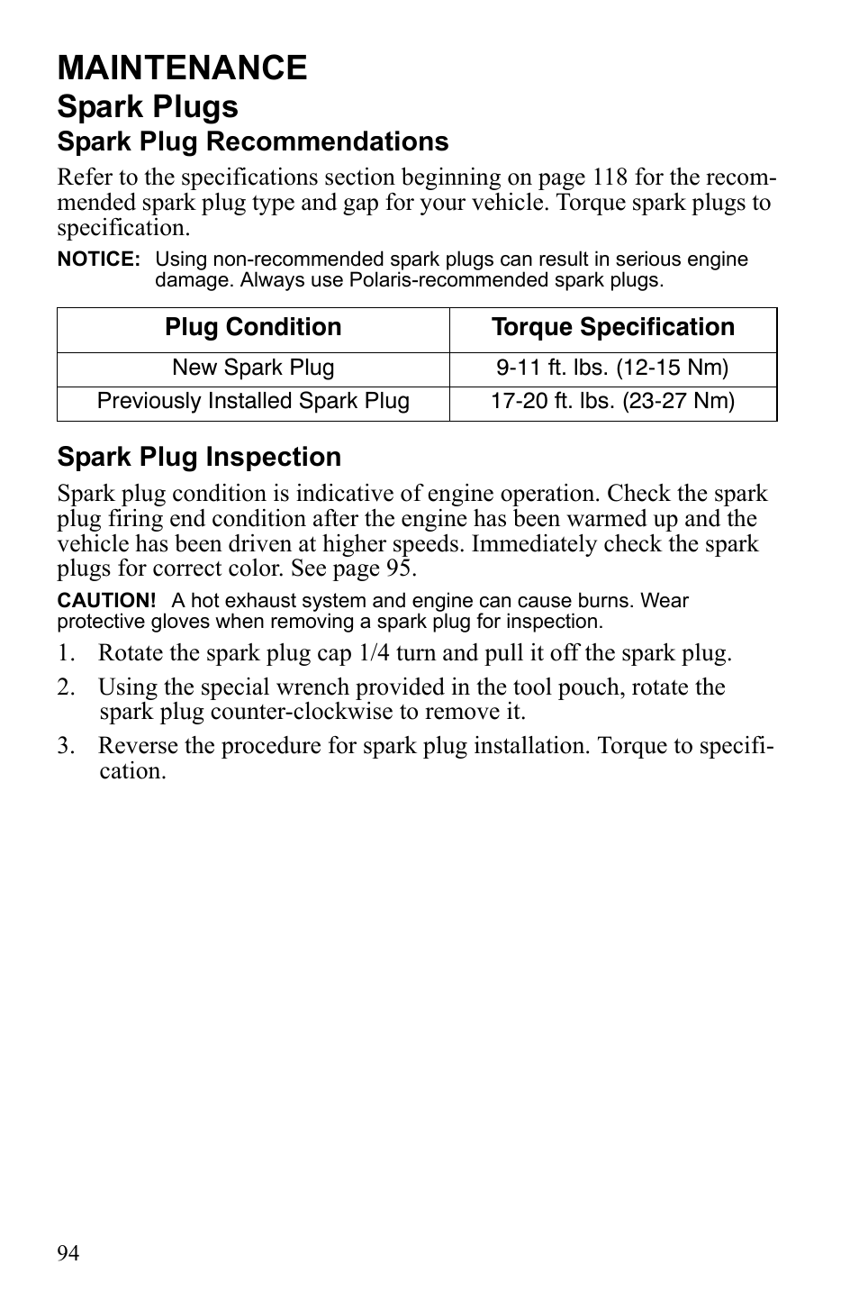 Maintenance, Spark plugs | Polaris Sportsman 9922249 User Manual | Page 98 / 138