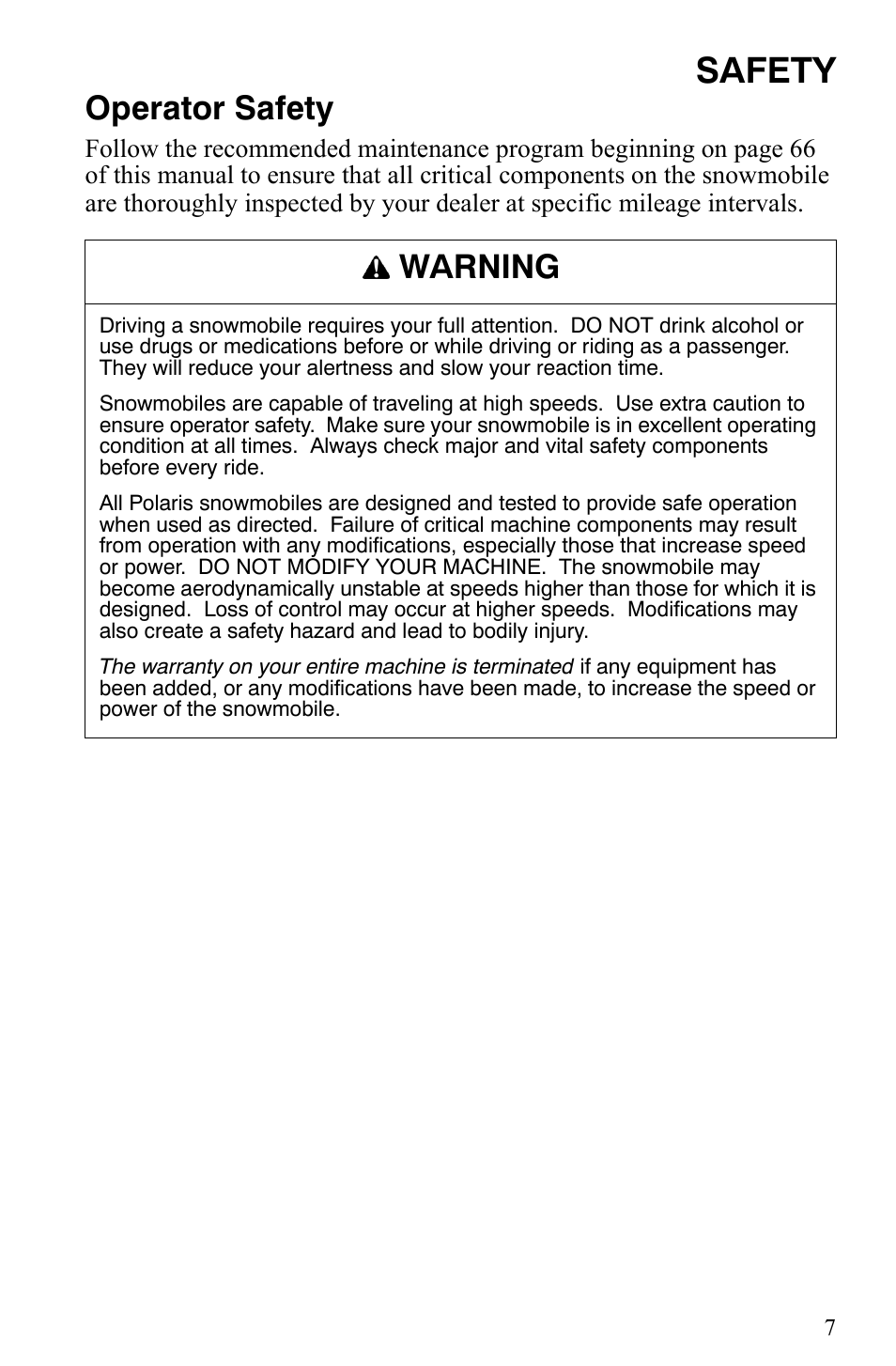 Safety, Operator safety, Warning | Polaris 2008 User Manual | Page 10 / 129