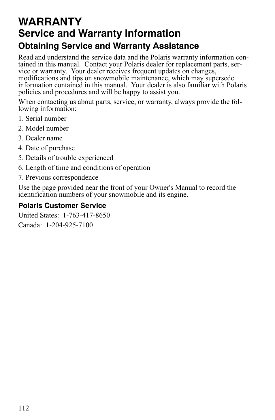 Warranty, Service and warranty information | Polaris 2008 User Manual | Page 115 / 129
