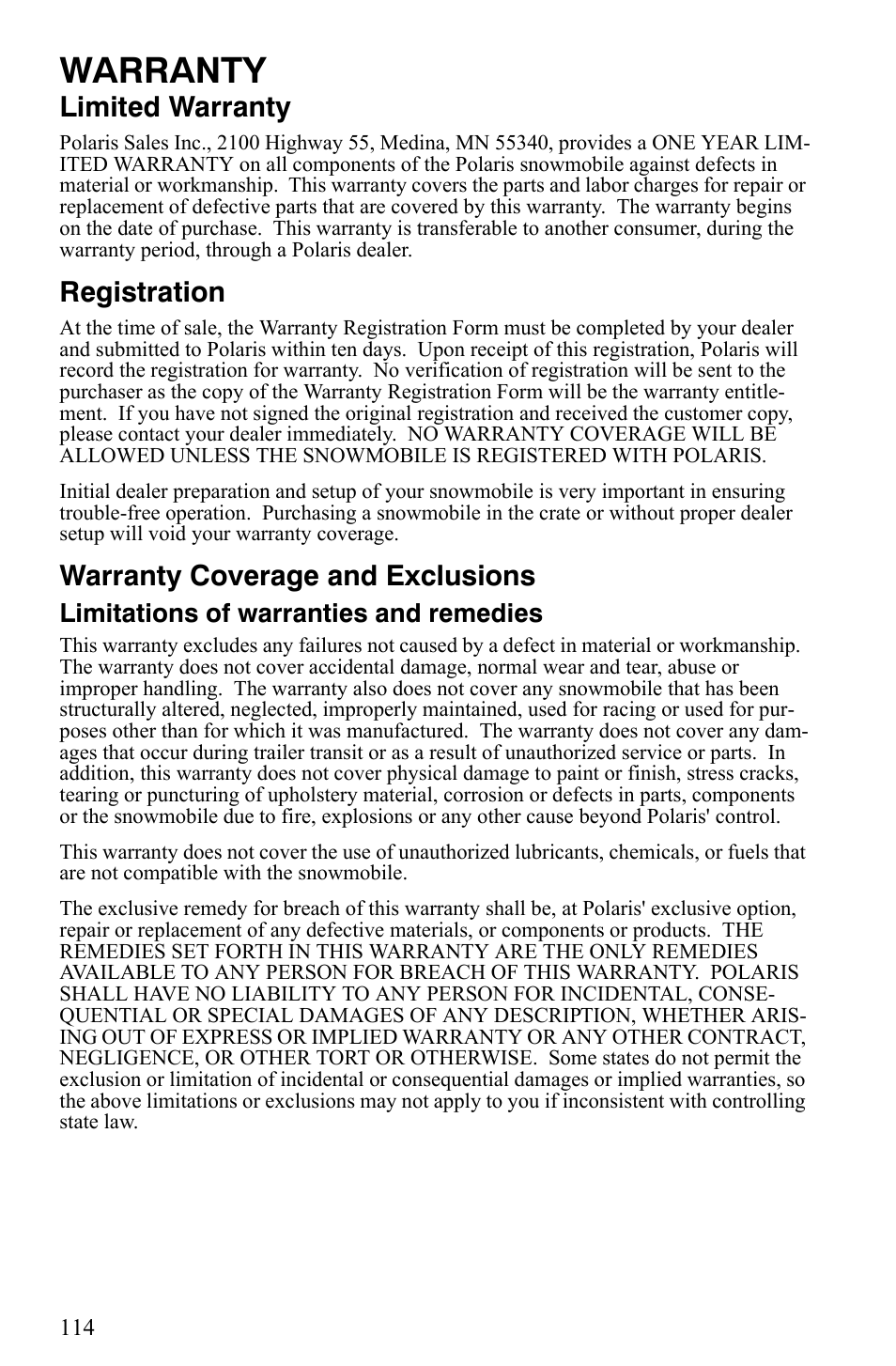 Warranty, Limited warranty, Registration | Warranty coverage and exclusions, Limitations of warranties and remedies | Polaris 2008 User Manual | Page 117 / 129