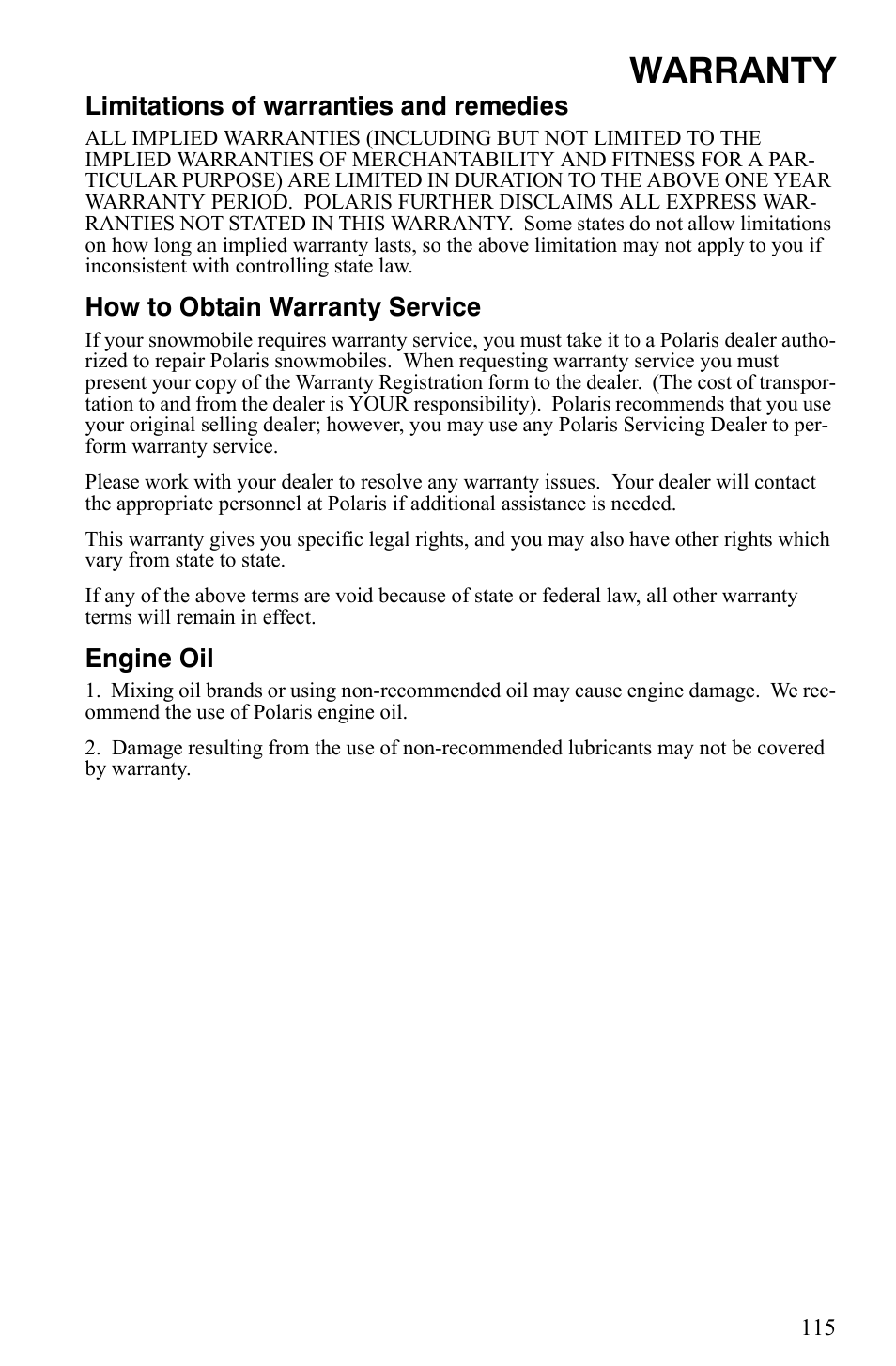 Warranty, Limitations of warranties and remedies, How to obtain warranty service | Engine oil | Polaris 2008 User Manual | Page 118 / 129