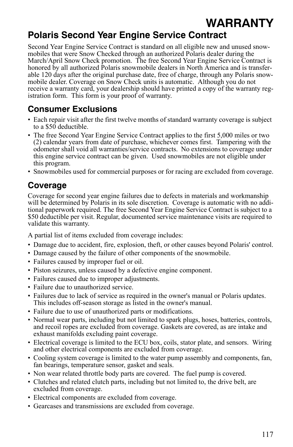 Warranty, Polaris second year engine service contract, Consumer exclusions | Coverage | Polaris 2008 User Manual | Page 120 / 129
