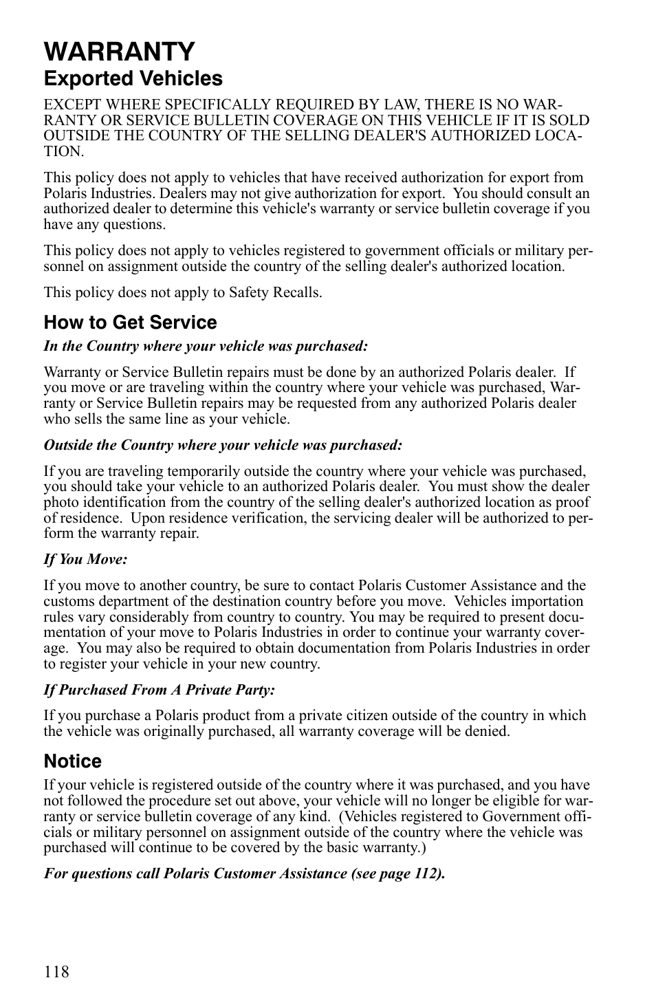 Warranty, Exported vehicles, How to get service | Notice | Polaris 2008 User Manual | Page 121 / 129