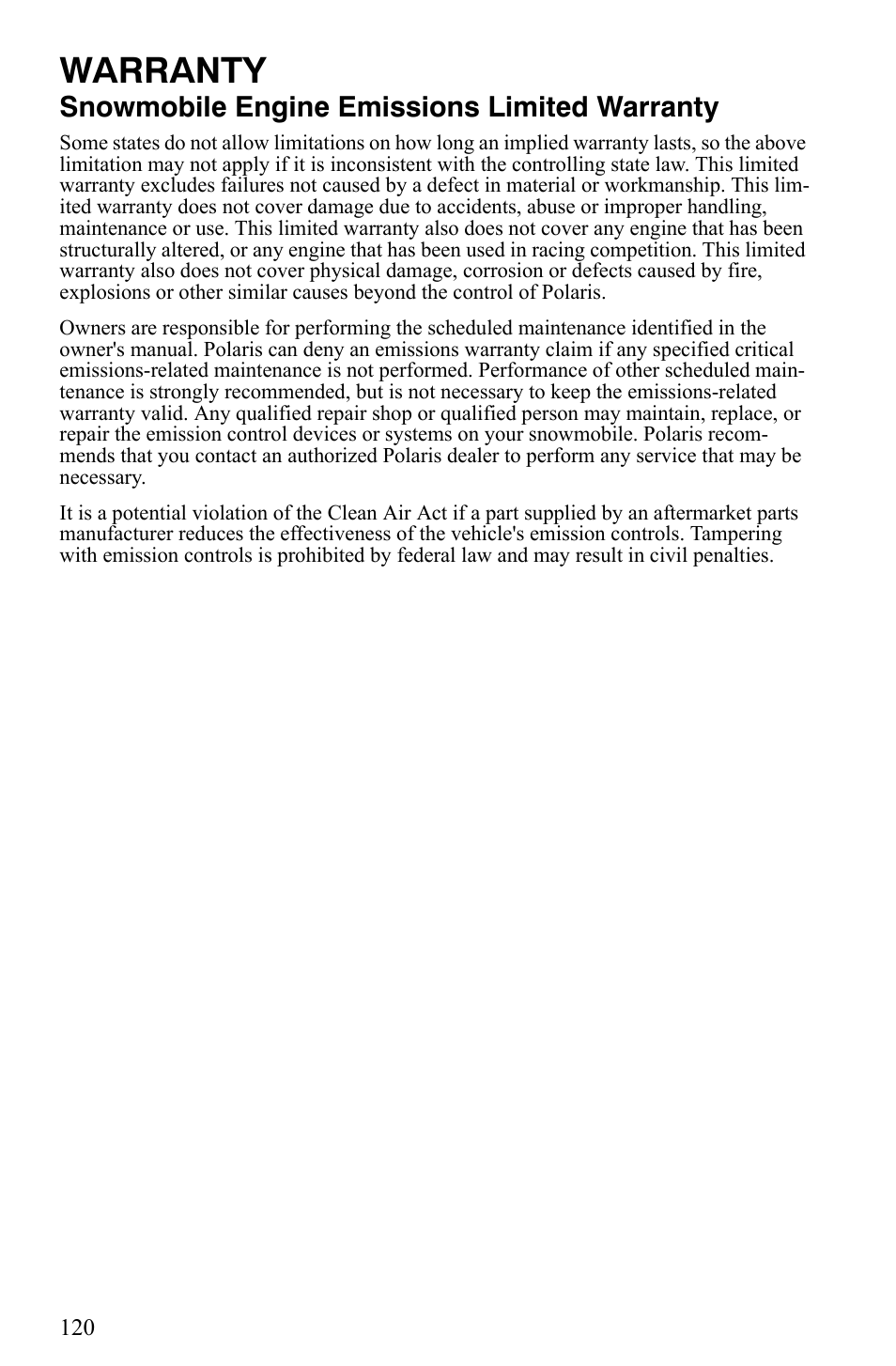Warranty, Snowmobile engine emissions limited warranty | Polaris 2008 User Manual | Page 123 / 129