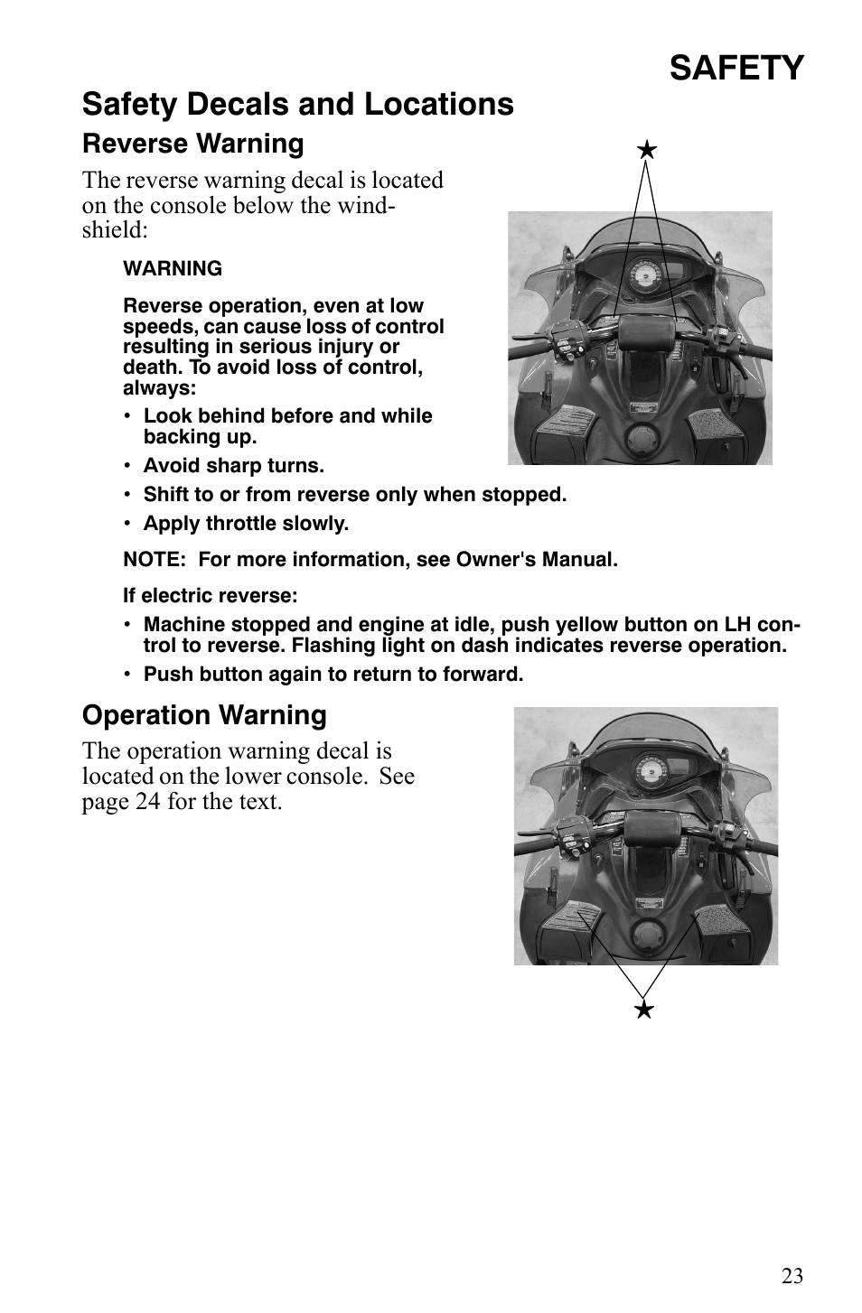 Safety, Safety decals and locations, Reverse warning | Operation warning | Polaris 2008 User Manual | Page 26 / 129