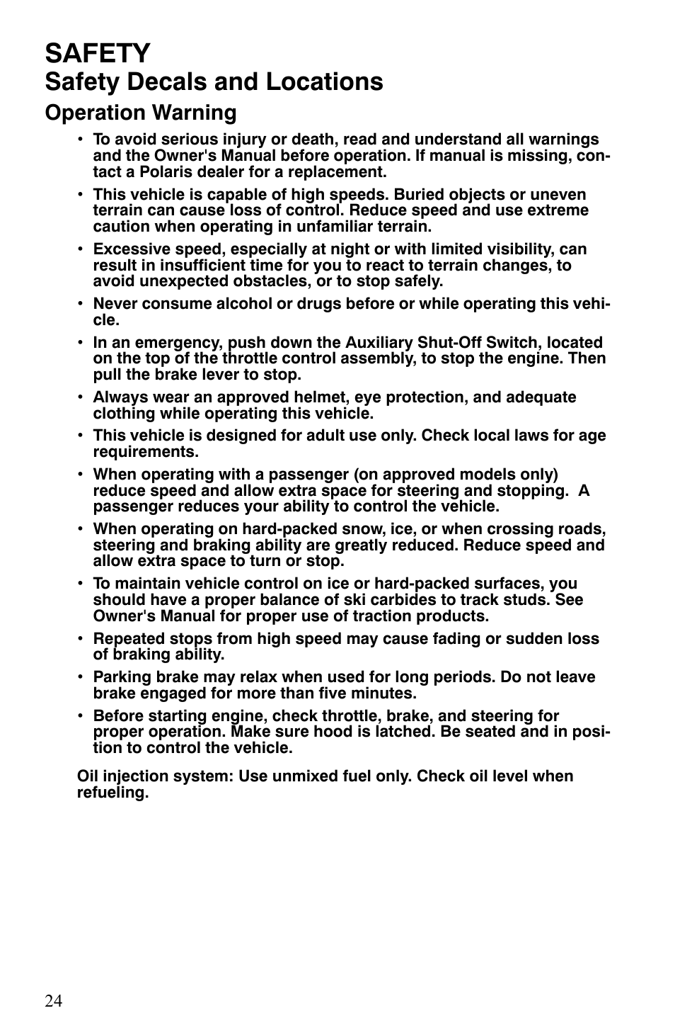 Safety, Safety decals and locations, Operation warning | Polaris 2008 User Manual | Page 27 / 129