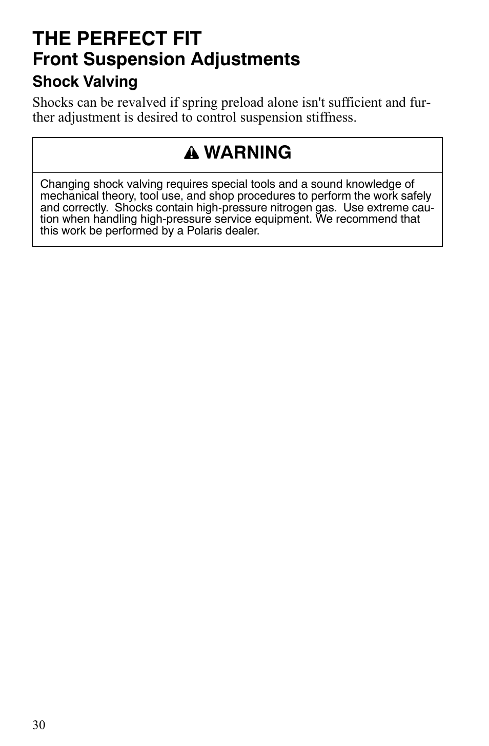 The perfect fit, Front suspension adjustments, Warning | Polaris 2008 User Manual | Page 33 / 129