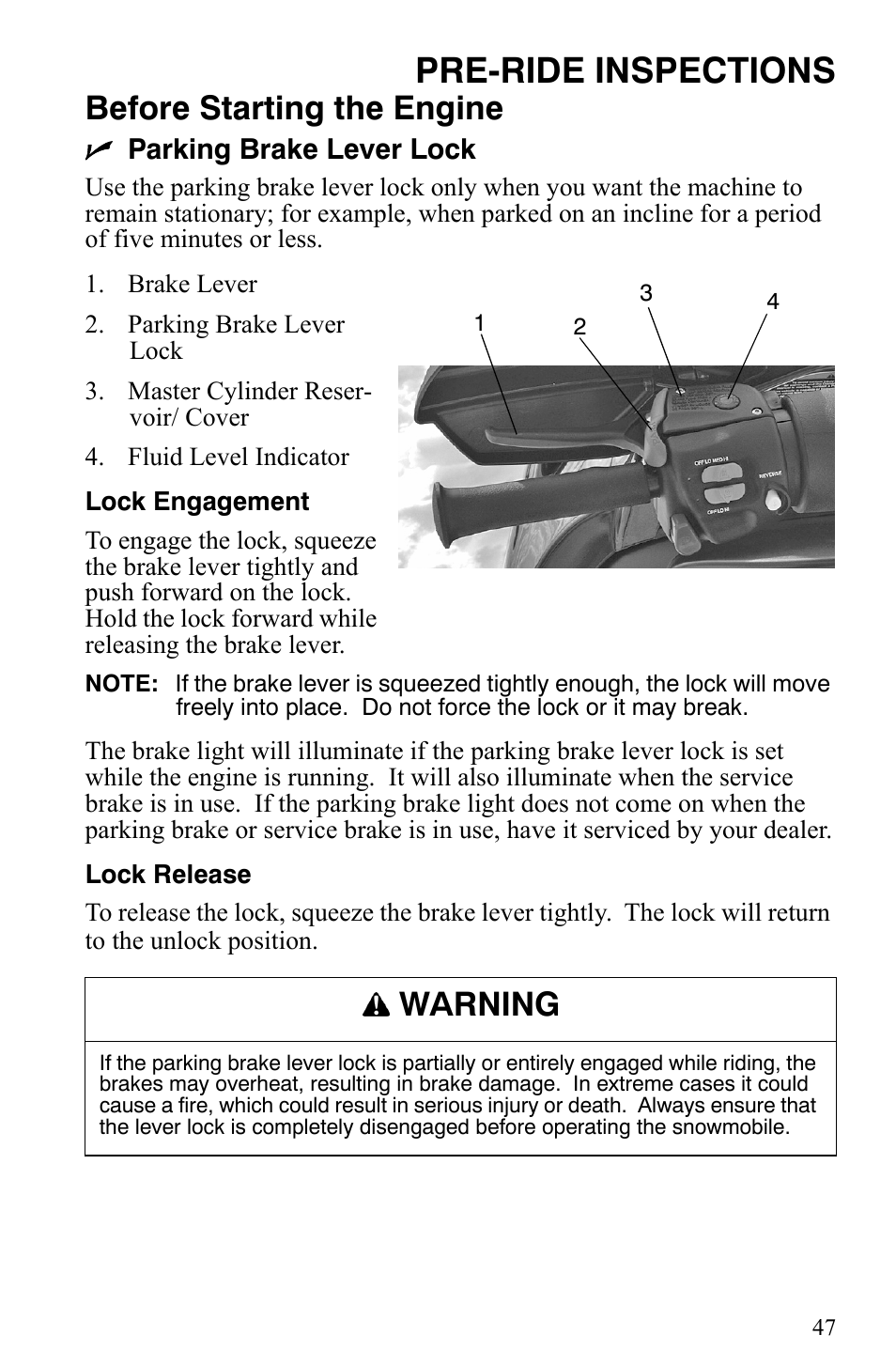 Pre-ride inspections, Before starting the engine, Warning | Polaris 2008 User Manual | Page 50 / 129