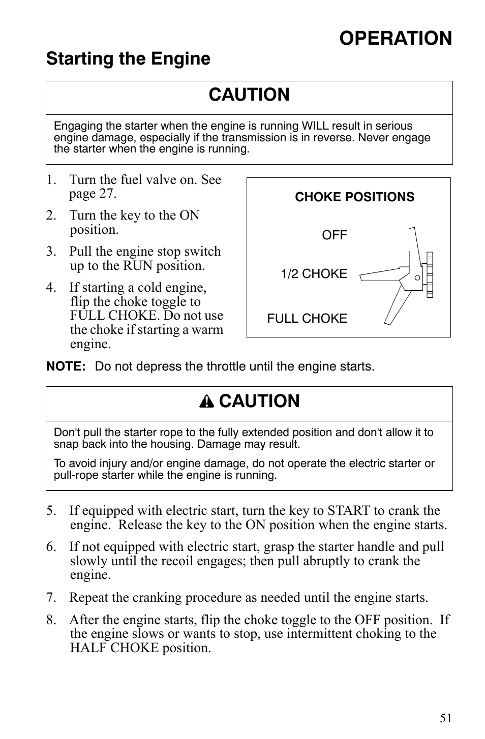 Operation, Starting the engine, Caution | Polaris 2008 User Manual | Page 54 / 129