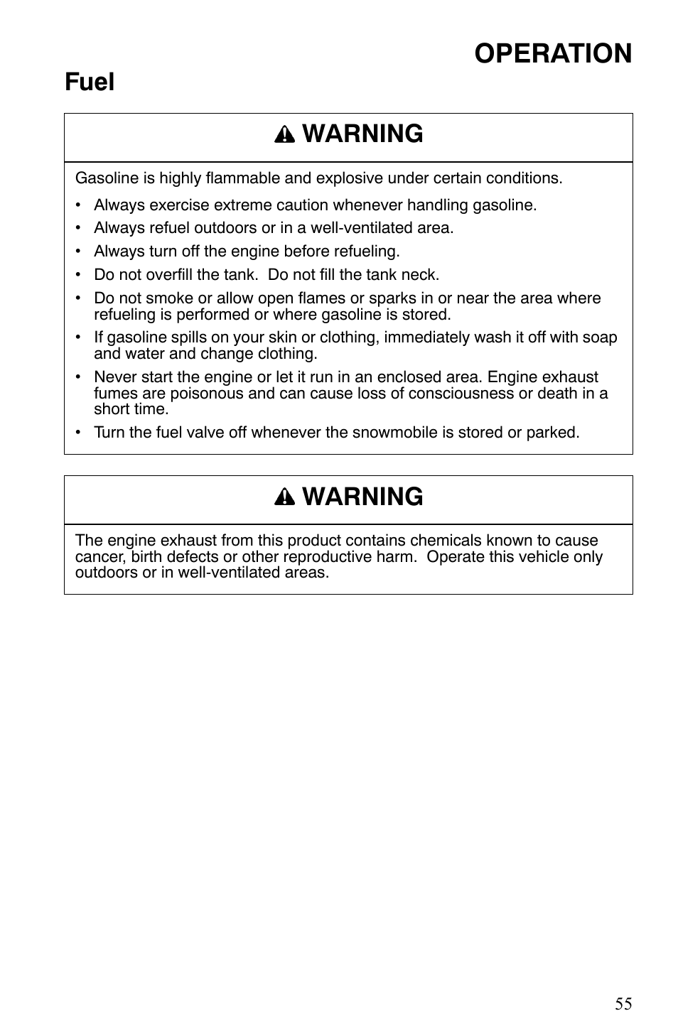 Operation, Fuel warning, Warning | Polaris 2008 User Manual | Page 58 / 129