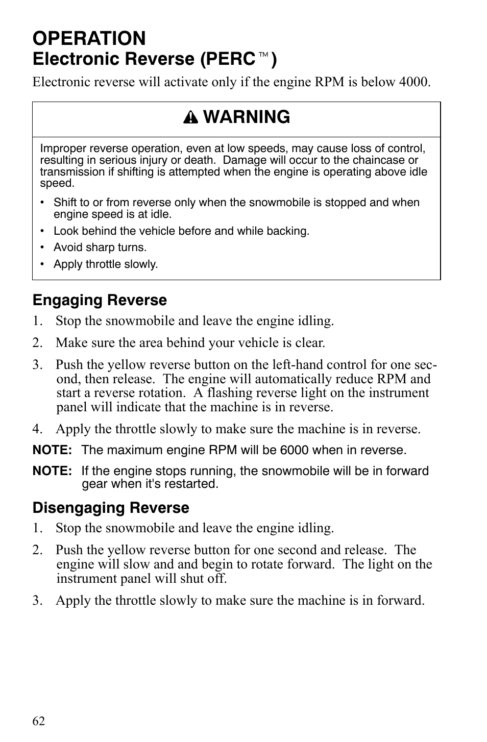 Operation, Electronic reverse (perc t ), Warning | Polaris 2008 User Manual | Page 65 / 129