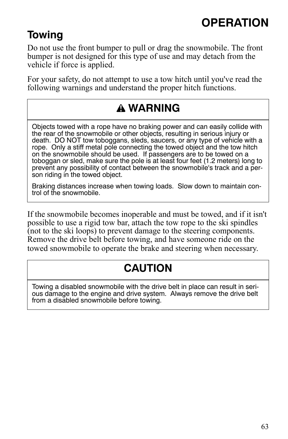 Operation, Towing, Warning | Caution | Polaris 2008 User Manual | Page 66 / 129