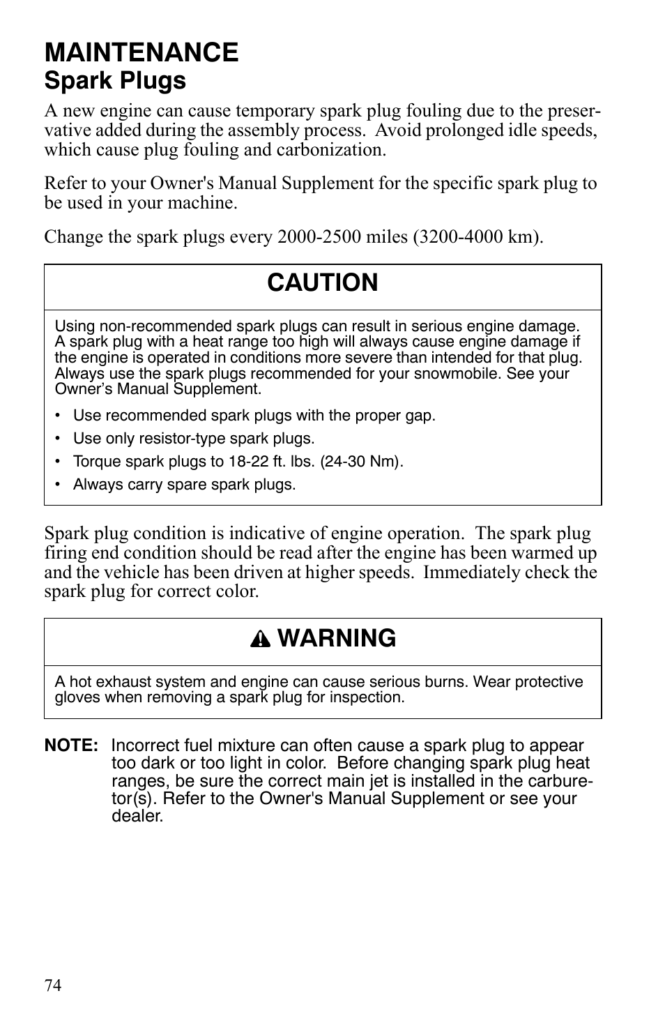 Maintenance, Spark plugs, Caution | Warning | Polaris 2008 User Manual | Page 77 / 129
