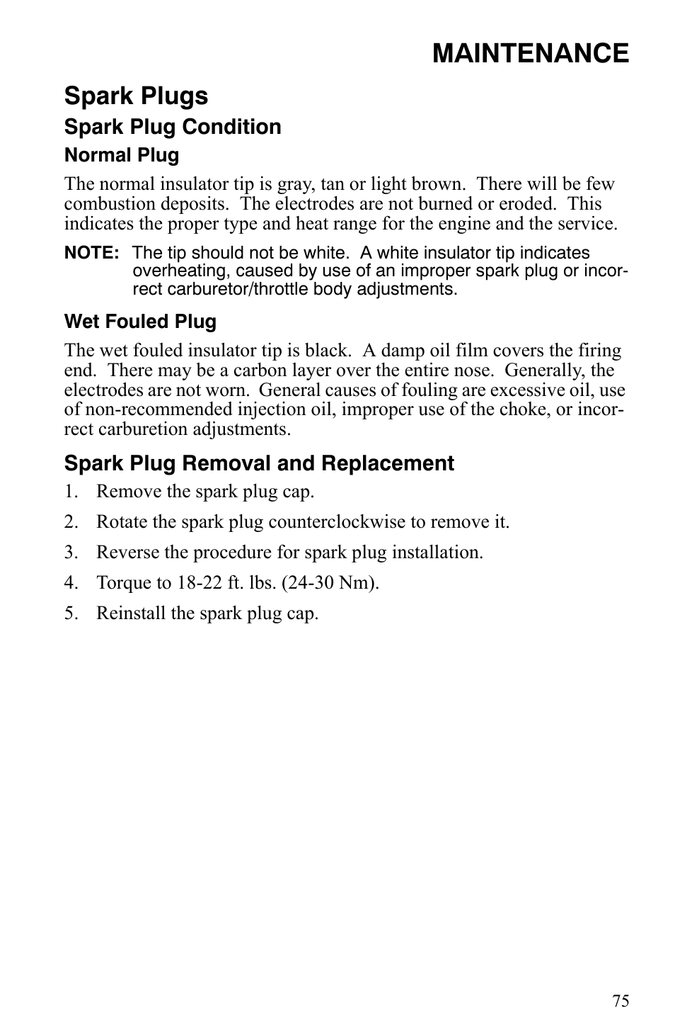 Maintenance, Spark plugs | Polaris 2008 User Manual | Page 78 / 129