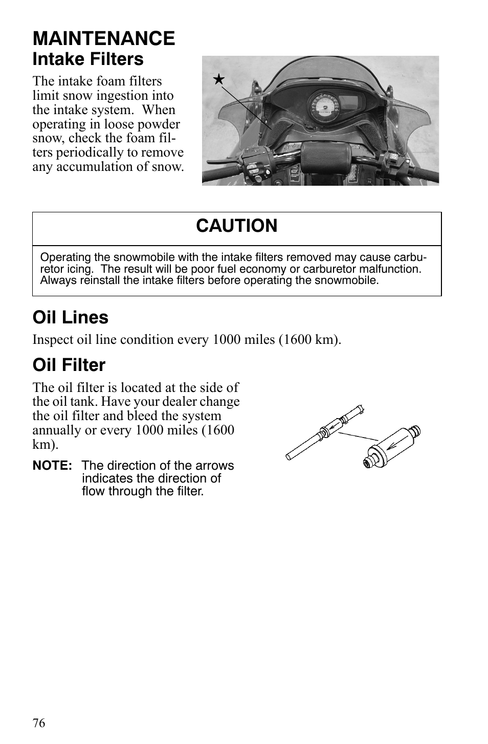 Maintenance, Intake filters, Oil lines | Oil filter, Caution | Polaris 2008 User Manual | Page 79 / 129