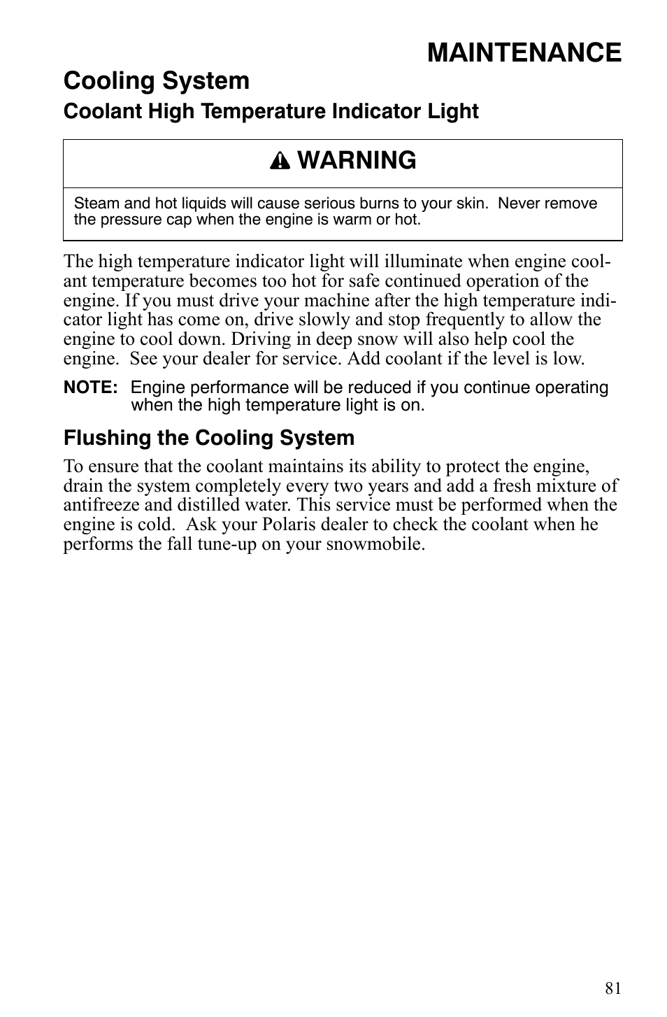 Maintenance, Cooling system, Warning | Polaris 2008 User Manual | Page 84 / 129