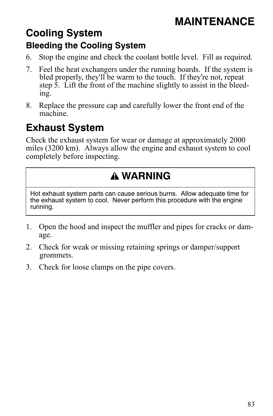 Maintenance, Cooling system, Exhaust system | Warning | Polaris 2008 User Manual | Page 86 / 129