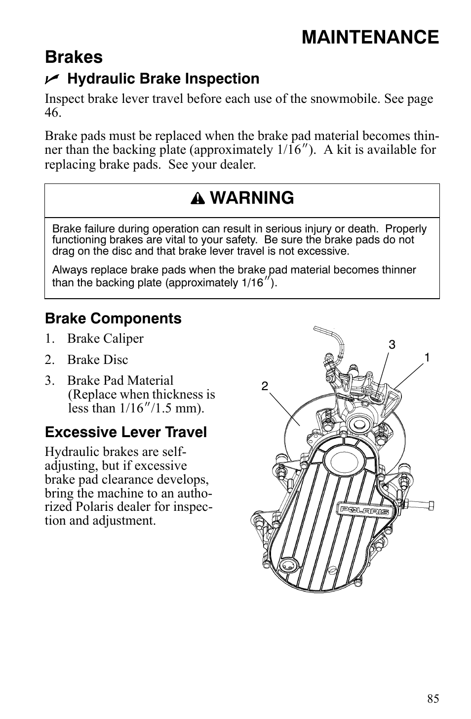 Maintenance, Brakes, Warning | Polaris 2008 User Manual | Page 88 / 129