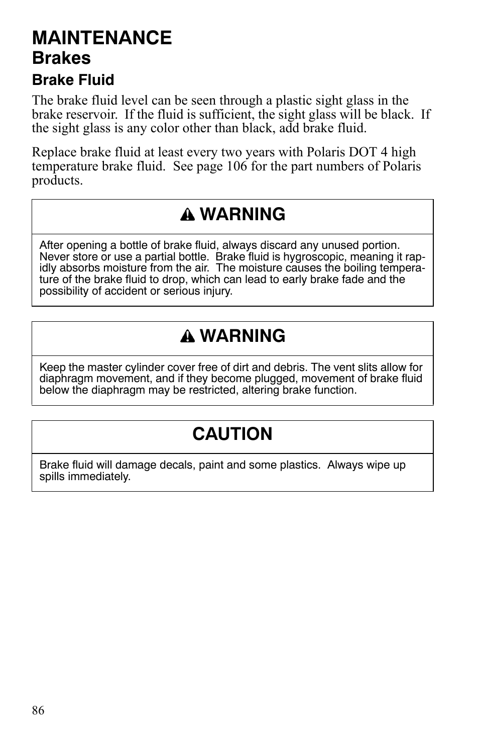 Maintenance, Brakes, Warning | Caution | Polaris 2008 User Manual | Page 89 / 129