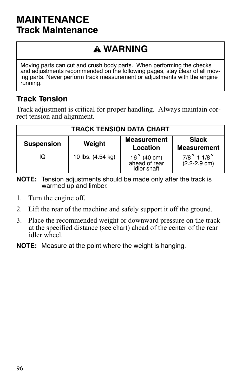 Maintenance, Track maintenance, Warning | Track tension | Polaris 2008 User Manual | Page 99 / 129