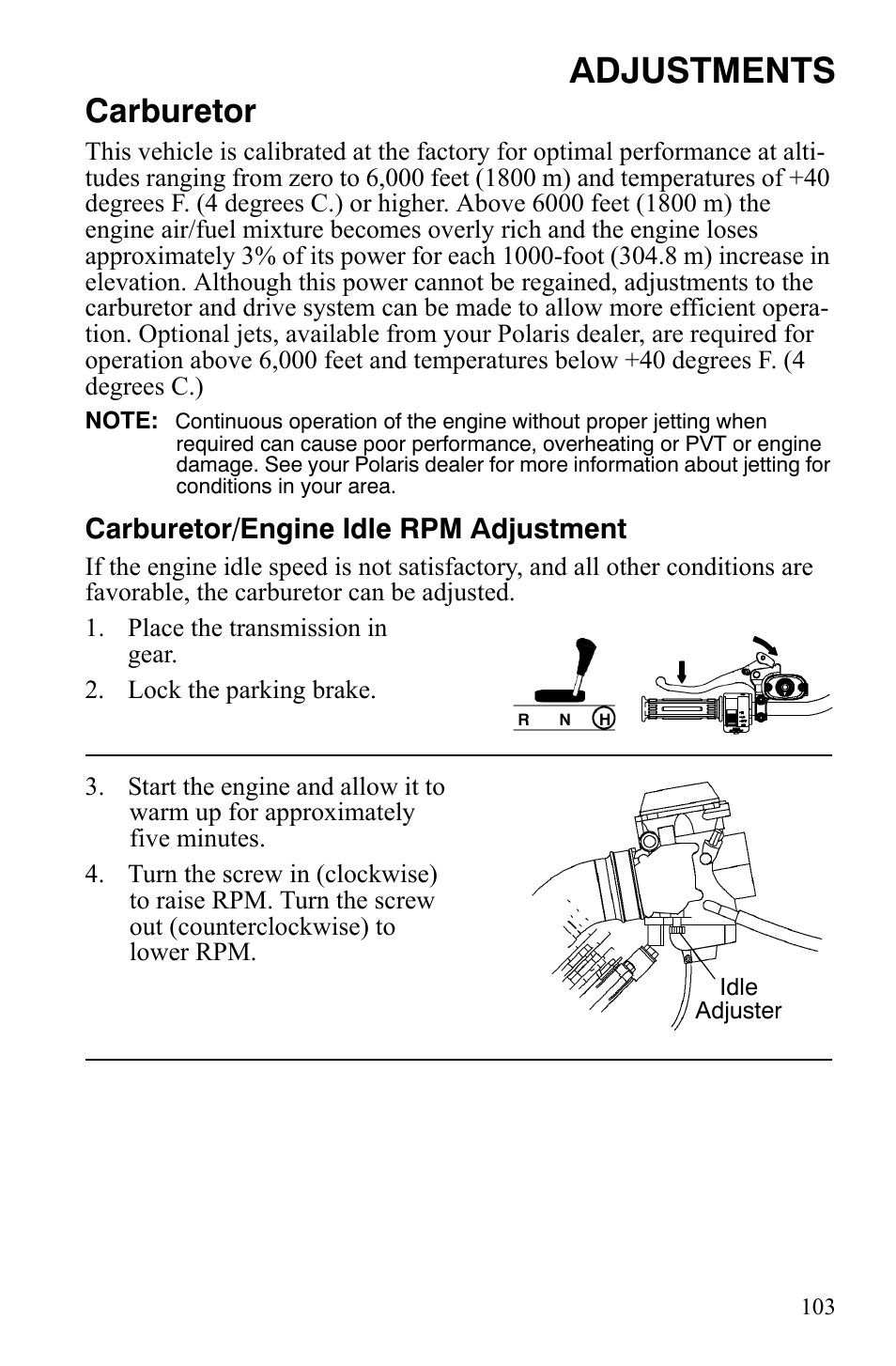Adjustments, Carburetor | Polaris Hawkeye 9921770 User Manual | Page 105 / 124