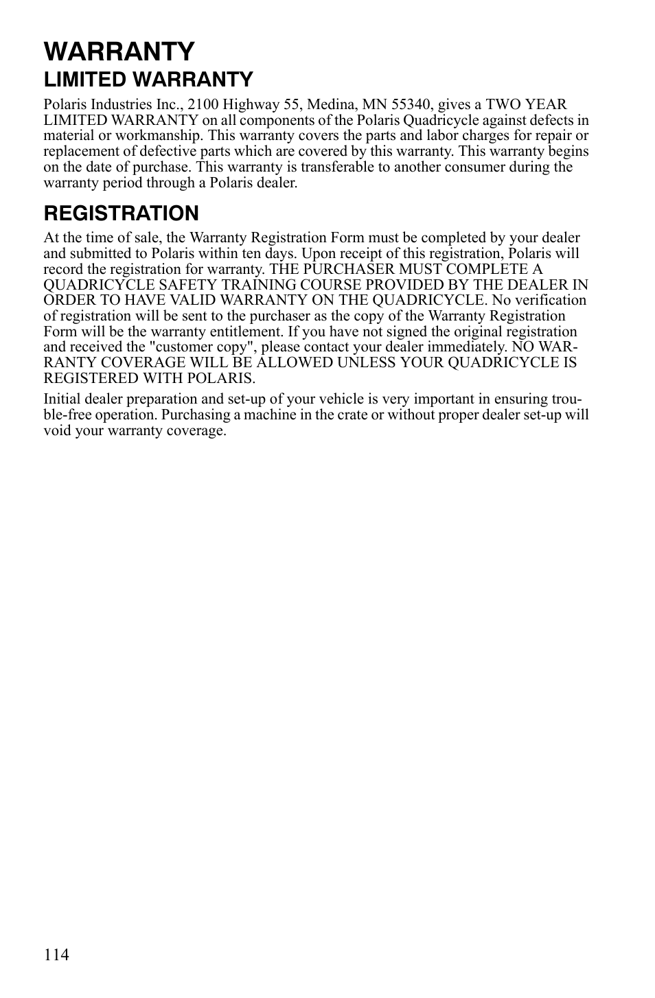 Warranty, Limited warranty, Registration | Polaris Hawkeye 9921770 User Manual | Page 116 / 124