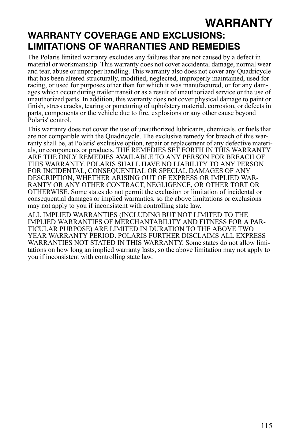 Warranty | Polaris Hawkeye 9921770 User Manual | Page 117 / 124