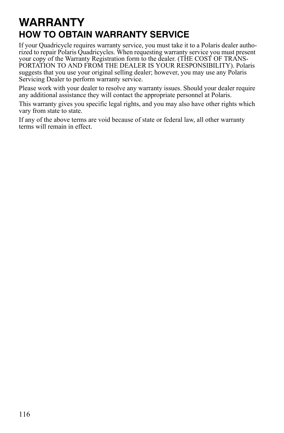 Warranty, How to obtain warranty service | Polaris Hawkeye 9921770 User Manual | Page 118 / 124