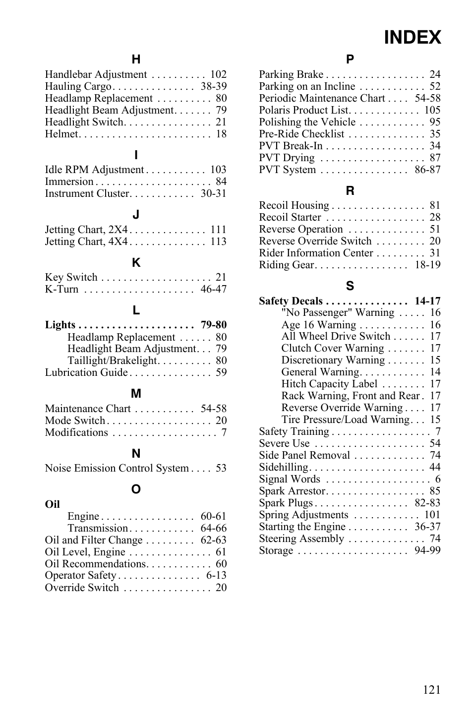Index | Polaris Hawkeye 9921770 User Manual | Page 123 / 124