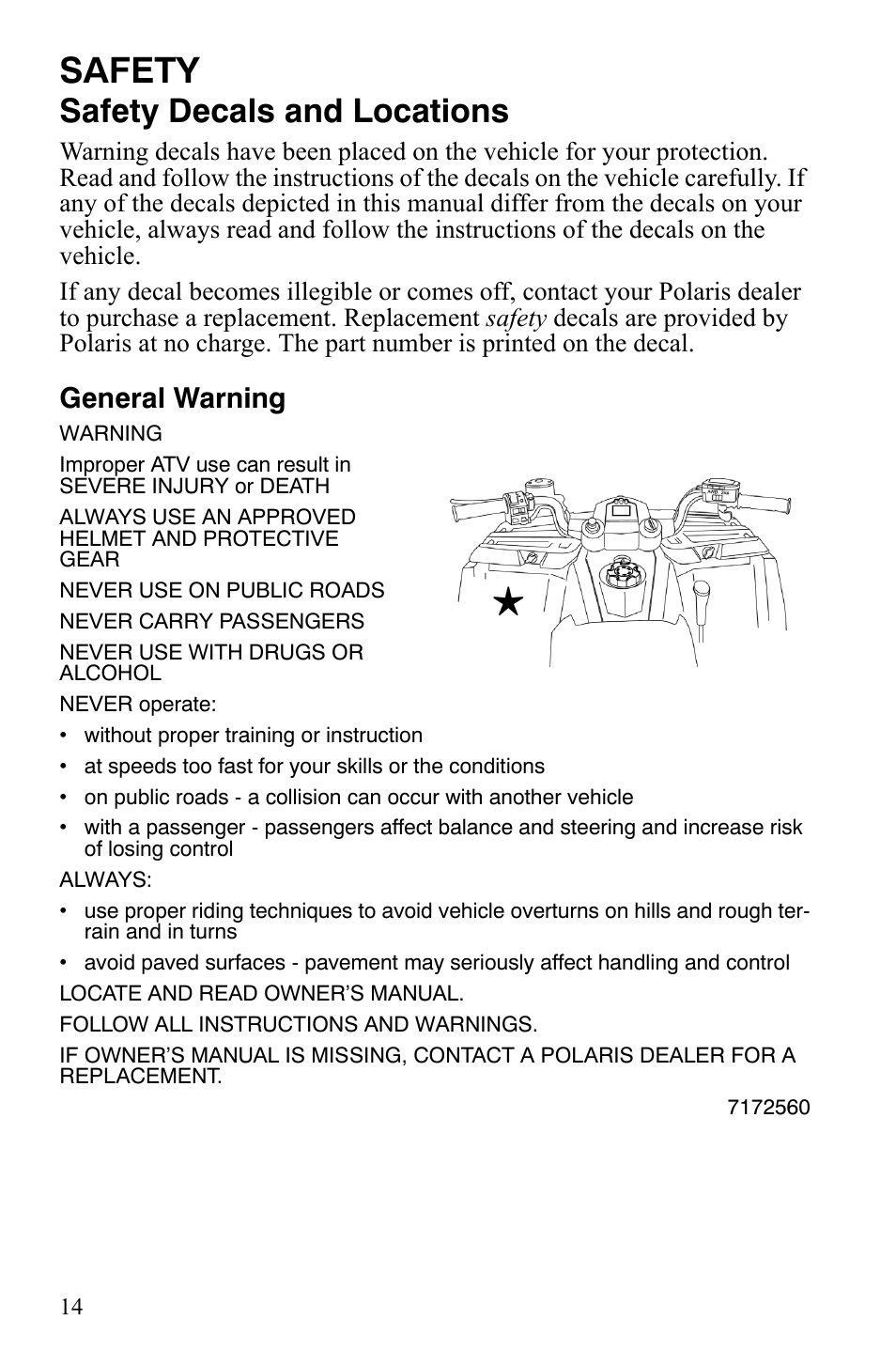 Safety, Safety decals and locations, General warning | Polaris Hawkeye 9921770 User Manual | Page 16 / 124