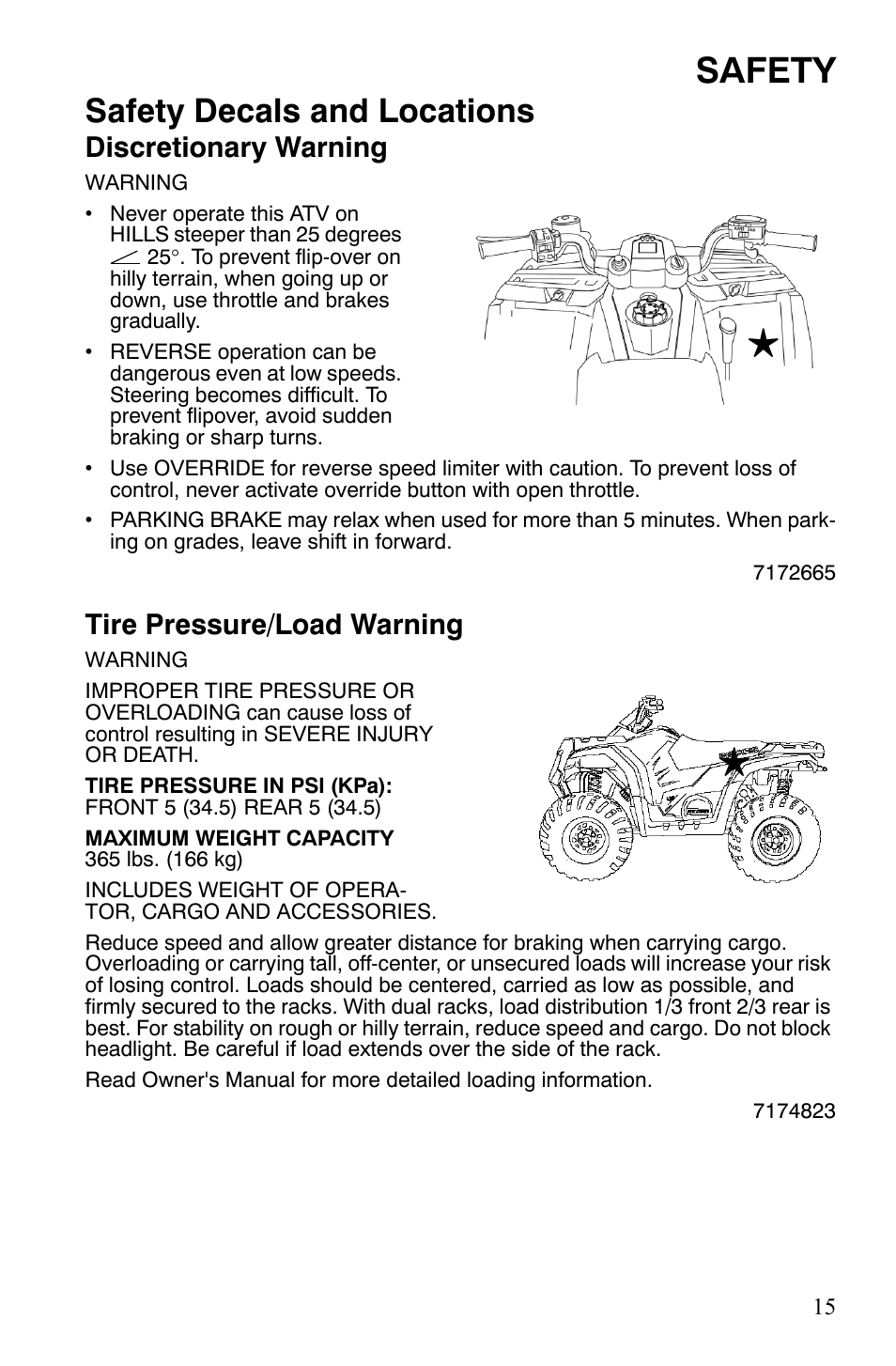 Safety, Safety decals and locations, Discretionary warning | Tire pressure/load warning | Polaris Hawkeye 9921770 User Manual | Page 17 / 124