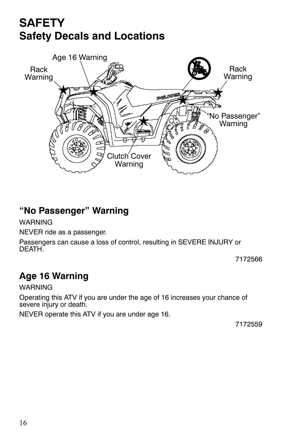 Safety, Safety decals and locations | Polaris Hawkeye 9921770 User Manual | Page 18 / 124