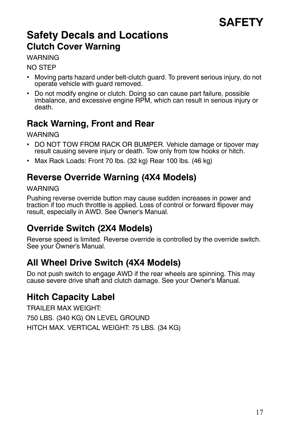 Safety, Safety decals and locations, Clutch cover warning | Rack warning, front and rear, Reverse override warning (4x4 models), Override switch (2x4 models), All wheel drive switch (4x4 models), Hitch capacity label | Polaris Hawkeye 9921770 User Manual | Page 19 / 124