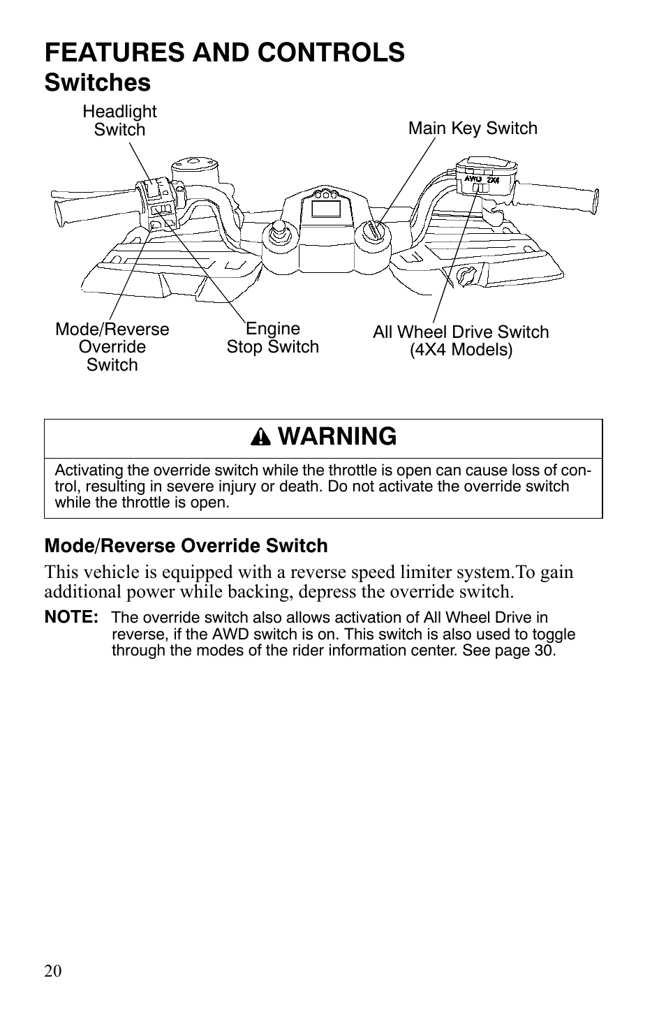 Features and controls, Switches, Warning | Polaris Hawkeye 9921770 User Manual | Page 22 / 124