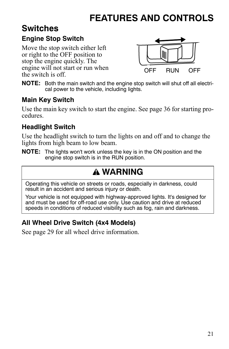 Features and controls, Switches, Warning | Polaris Hawkeye 9921770 User Manual | Page 23 / 124