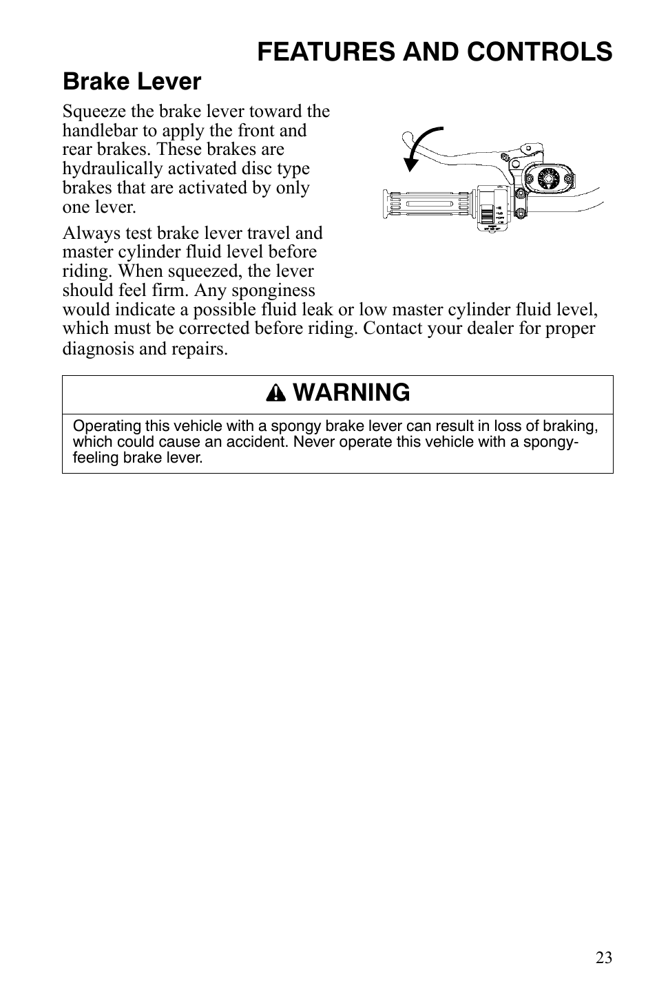 Features and controls, Brake lever, Warning | Polaris Hawkeye 9921770 User Manual | Page 25 / 124