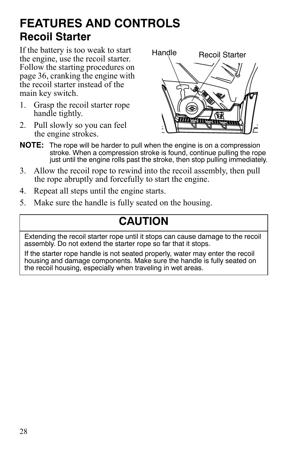 Features and controls, Recoil starter, Caution | Polaris Hawkeye 9921770 User Manual | Page 30 / 124