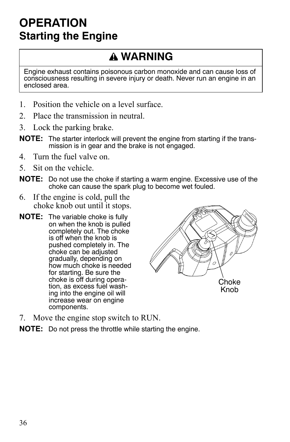 Operation, Starting the engine, Warning | Polaris Hawkeye 9921770 User Manual | Page 38 / 124