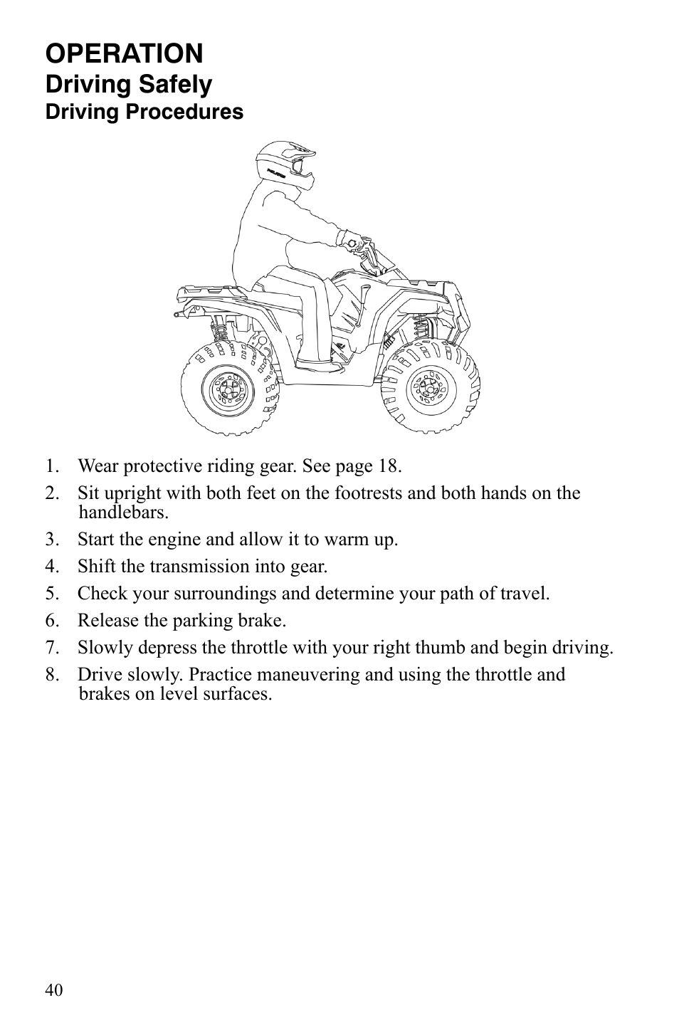 Operation, Driving safely | Polaris Hawkeye 9921770 User Manual | Page 42 / 124
