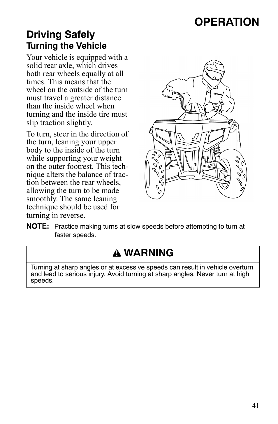 Operation, Driving safely, Warning | Polaris Hawkeye 9921770 User Manual | Page 43 / 124