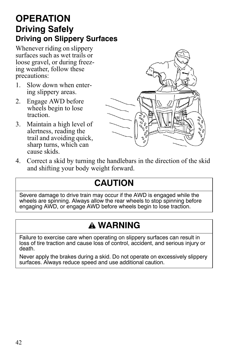 Operation, Driving safely, Caution | Warning | Polaris Hawkeye 9921770 User Manual | Page 44 / 124