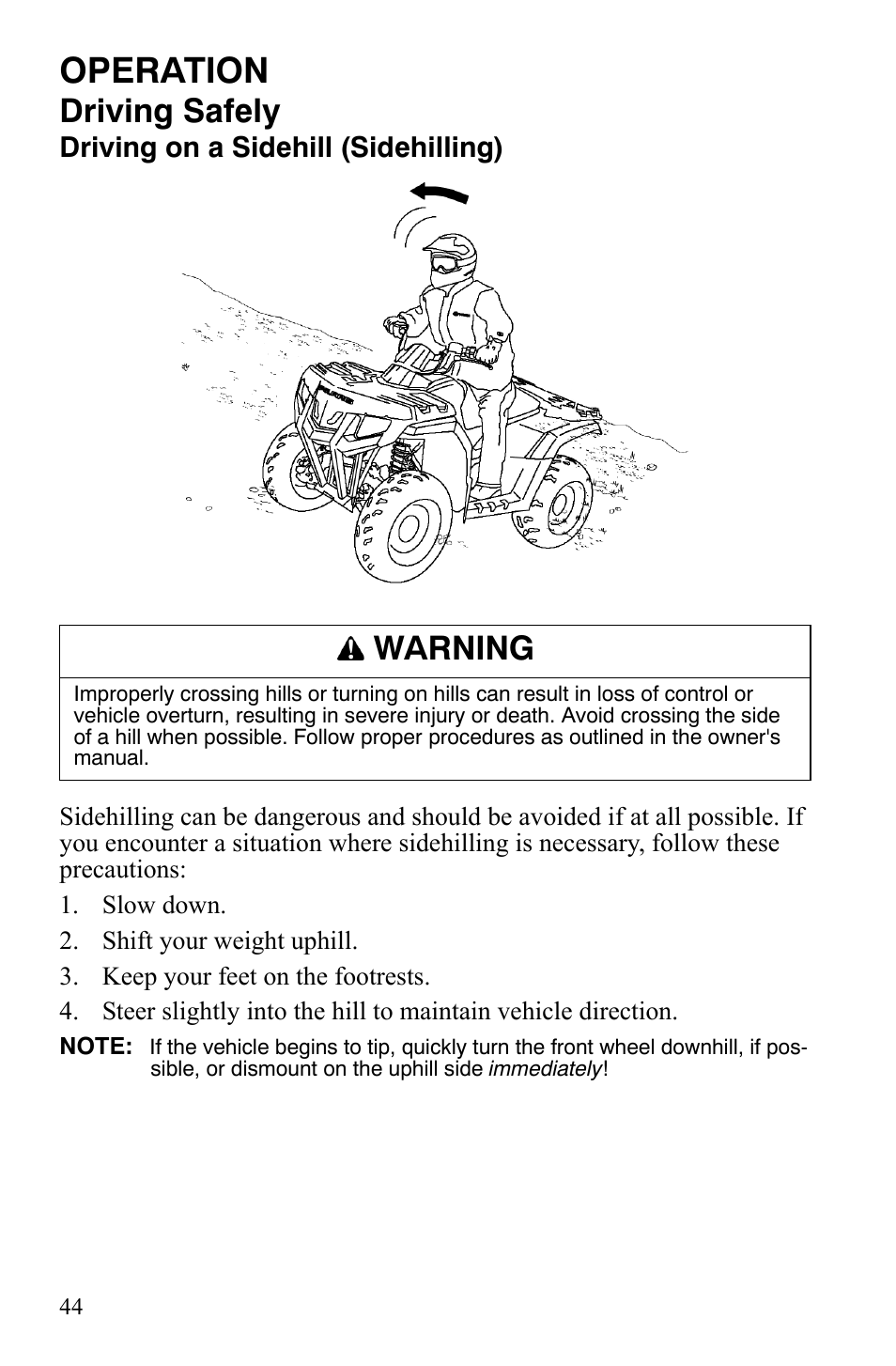 Operation, Driving safely, Warning | Polaris Hawkeye 9921770 User Manual | Page 46 / 124