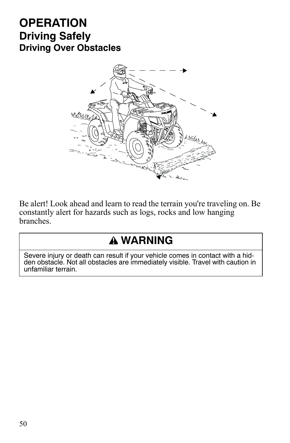 Operation, Driving safely, Warning | Polaris Hawkeye 9921770 User Manual | Page 52 / 124