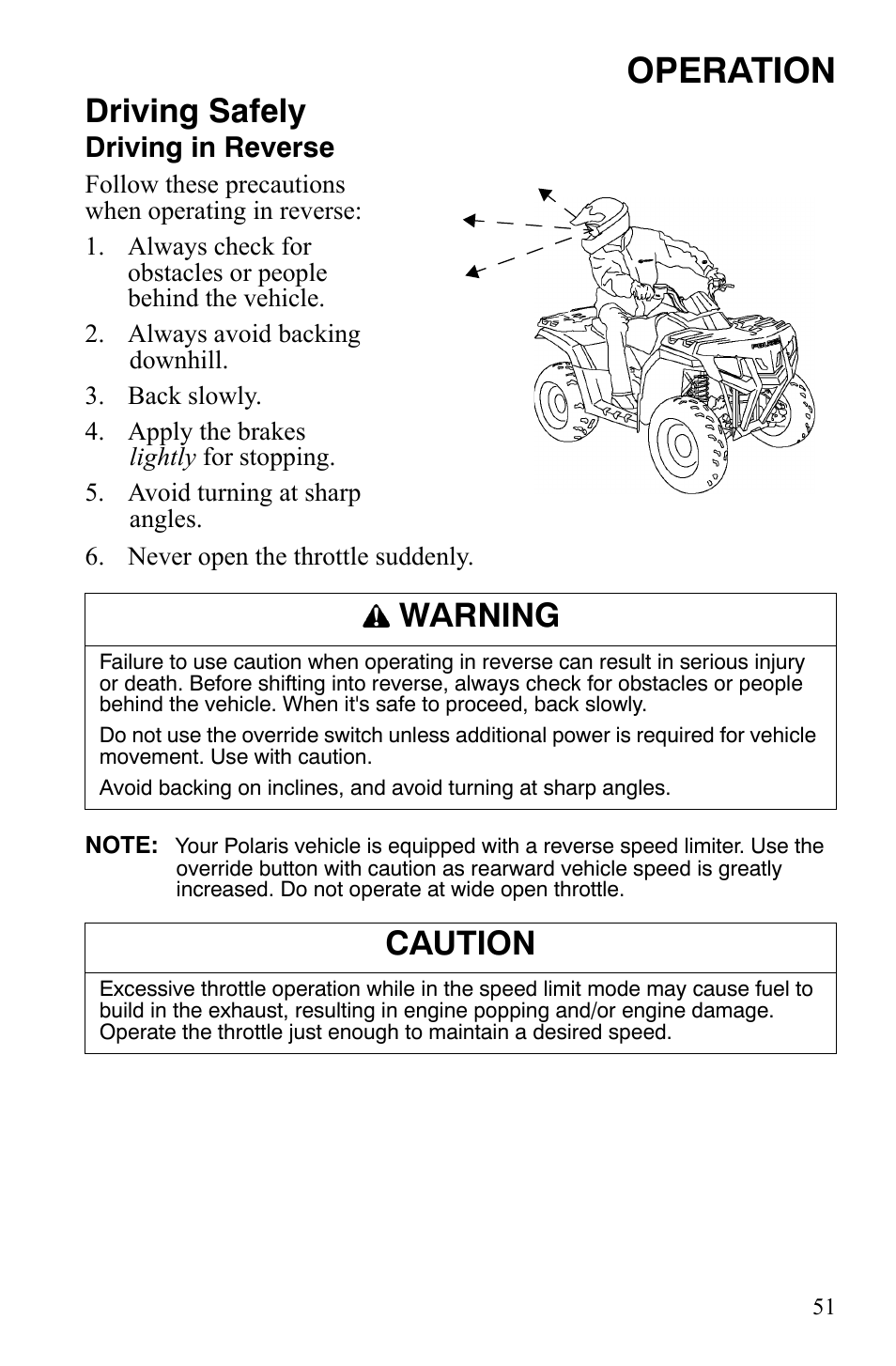 Operation, Driving safely, Warning | Caution, Driving in reverse | Polaris Hawkeye 9921770 User Manual | Page 53 / 124
